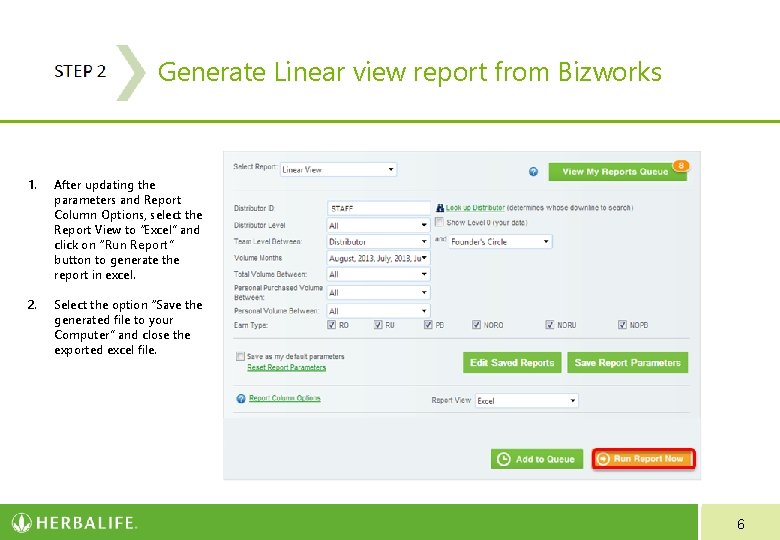 STEP 2 - Generate Linear view report from Bizworks 1. After updating the parameters