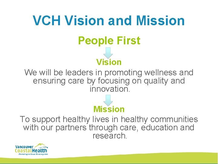 VCH Vision and Mission People First Vision We will be leaders in promoting wellness VCH Vision and Mission People First Vision We will be leaders in promoting wellness