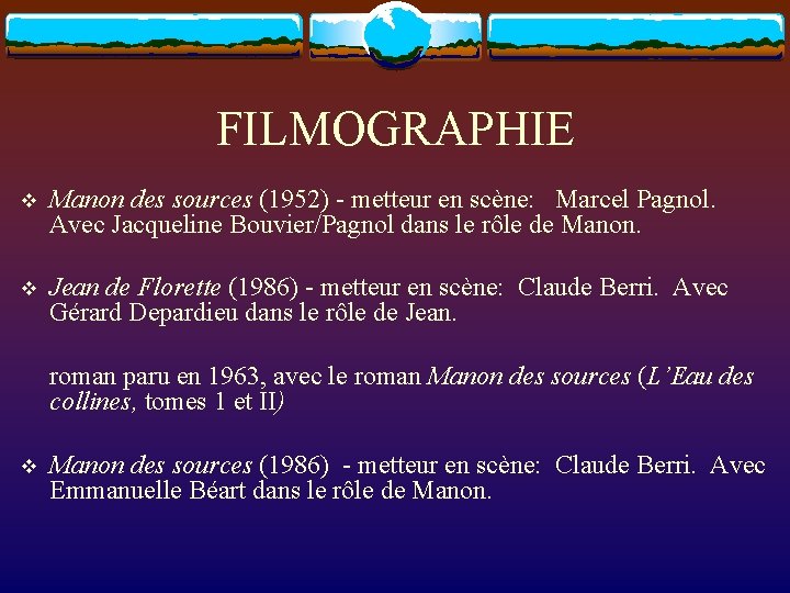 FILMOGRAPHIE v Manon des sources (1952) - metteur en scène: Marcel Pagnol. Avec Jacqueline