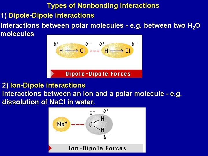 Types of Nonbonding Interactions 1) Dipole-Dipole interactions Interactions between polar molecules - e. g.