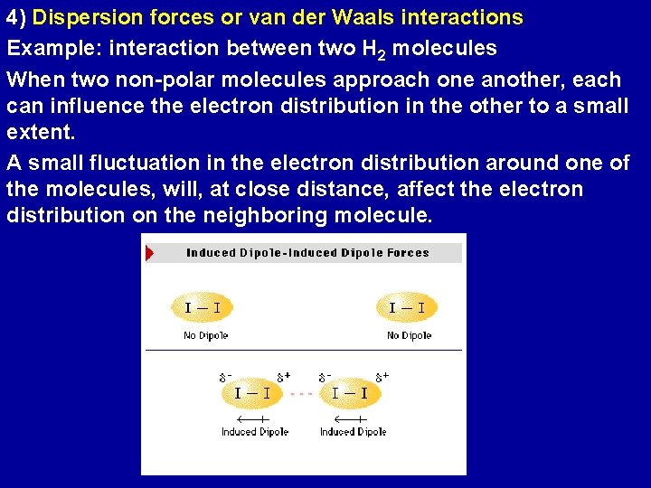 4) Dispersion forces or van der Waals interactions Example: interaction between two H 2