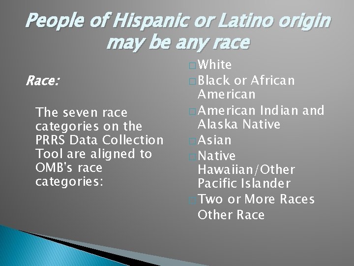 People of Hispanic or Latino origin may be any race � White Race: The