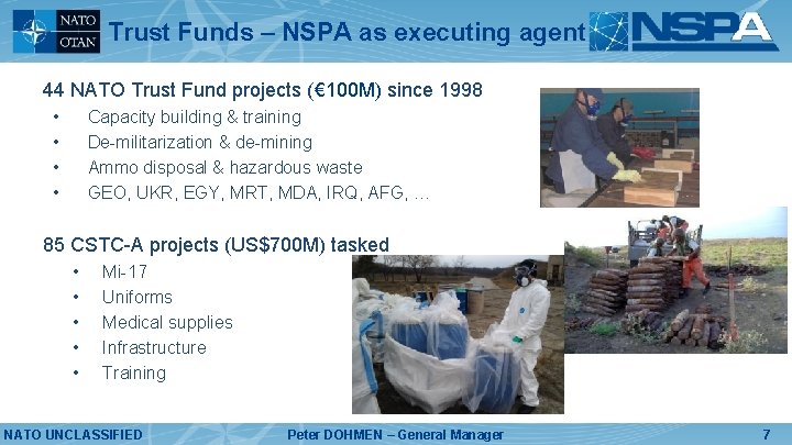 Trust Funds – NSPA as executing agent 44 NATO Trust Fund projects (€ 100