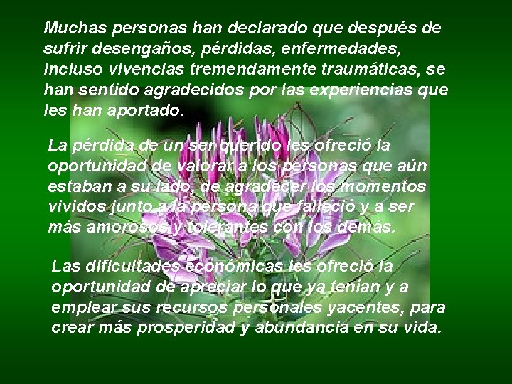 Muchas personas han declarado que después de sufrir desengaños, pérdidas, enfermedades, incluso vivencias tremendamente