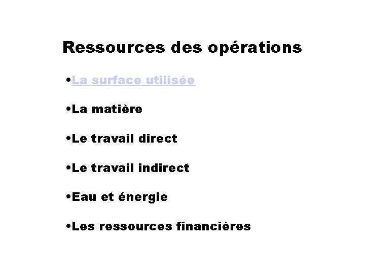 Ressources des opérations • La surface utilisée • La matière • Le travail direct