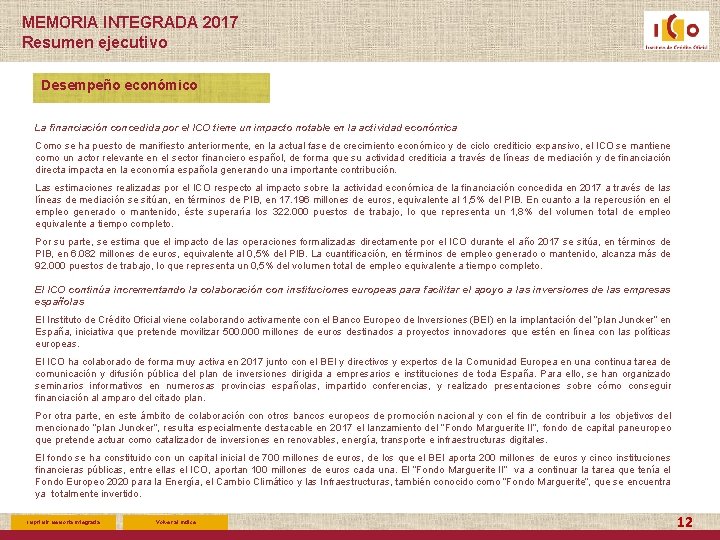 MEMORIA INTEGRADA 2017 Resumen ejecutivo Desempeño económico La financiación concedida por el ICO tiene