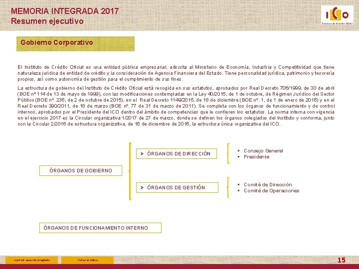 MEMORIA INTEGRADA 2017 Resumen ejecutivo Gobierno Corporativo El Instituto de Crédito Oficial es una