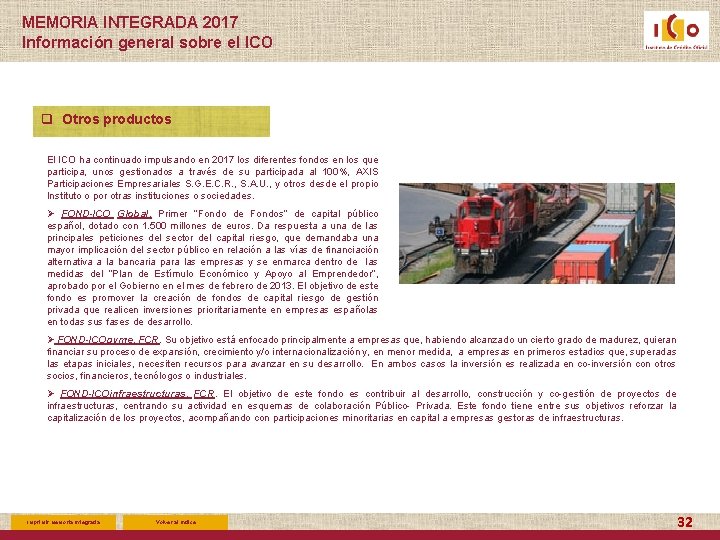 MEMORIA INTEGRADA 2017 Información general sobre el ICO q Otros productos El ICO ha