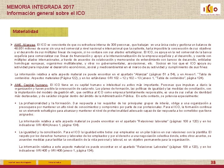 MEMORIA INTEGRADA 2017 Información general sobre el ICO Materialidad Ø AM 5. Alianzas. El