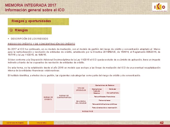 MEMORIA INTEGRADA 2017 Información general sobre el ICO Riesgos y oportunidades q Riesgos §