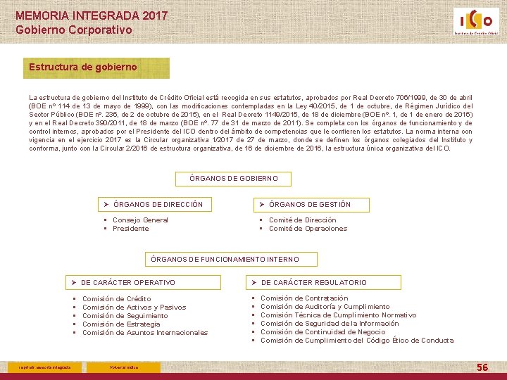 MEMORIA INTEGRADA 2017 Gobierno Corporativo Estructura de gobierno La estructura de gobierno del Instituto