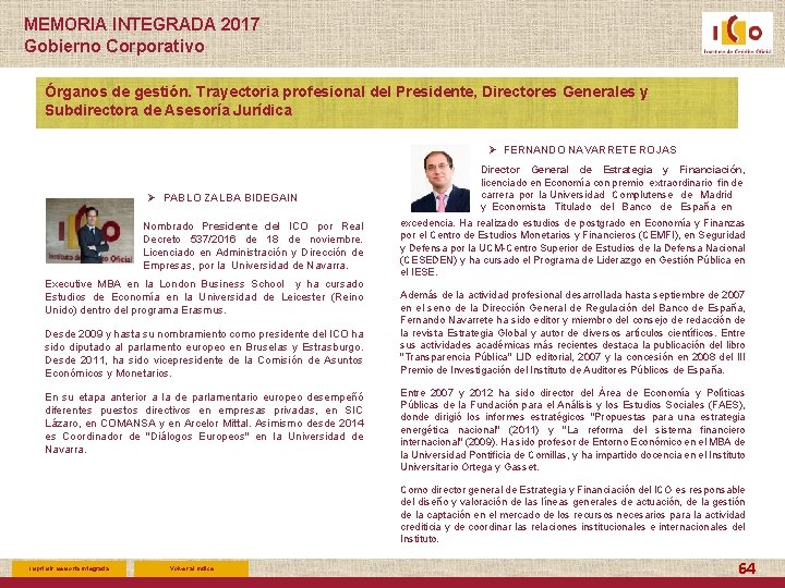 MEMORIA INTEGRADA 2017 Gobierno Corporativo Órganos de gestión. Trayectoria profesional del Presidente, Directores Generales