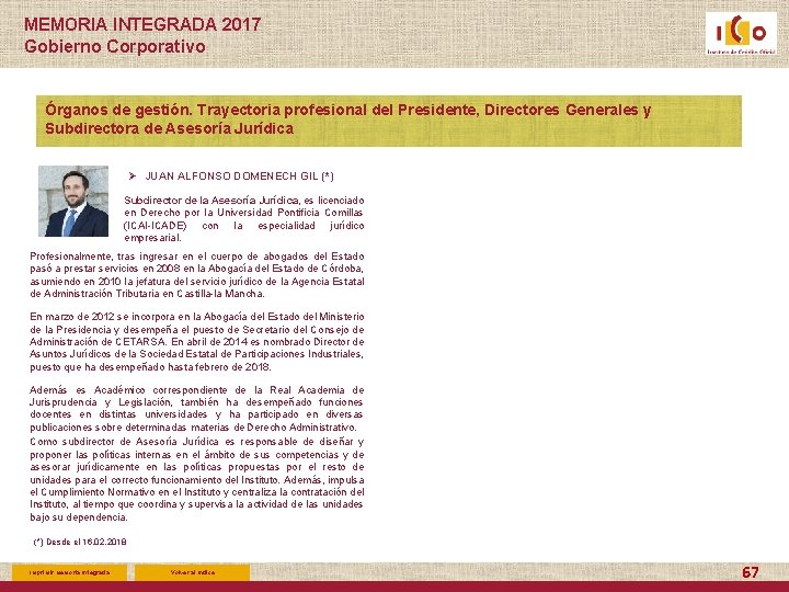 MEMORIA INTEGRADA 2017 Gobierno Corporativo Órganos de gestión. Trayectoria profesional del Presidente, Directores Generales