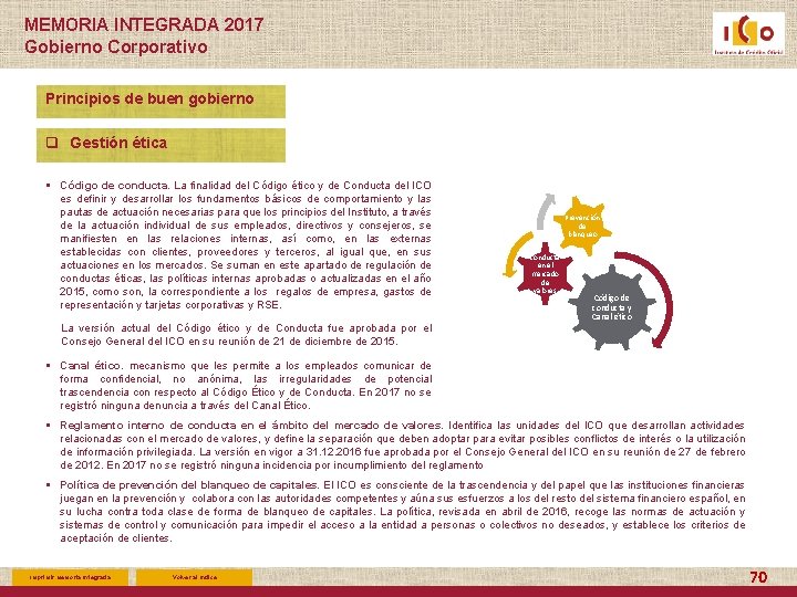 MEMORIA INTEGRADA 2017 Gobierno Corporativo Principios de buen gobierno q Gestión ética § Código