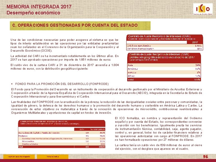 MEMORIA INTEGRADA 2017 Desempeño económico C. OPERACIONES GESTIONADAS POR CUENTA DEL ESTADO Una de