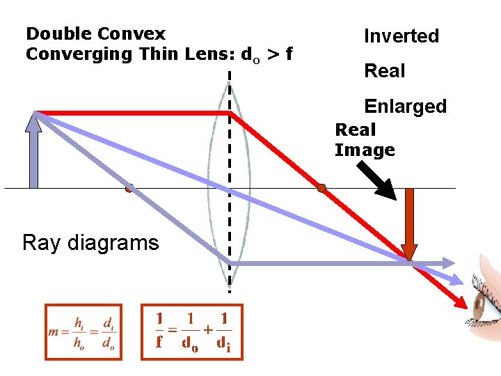 Double Convex Converging Thin Lens: do > f Inverted Real Enlarged Real Image Ray