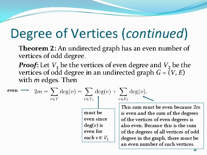 Degree of Vertices (continued) Theorem 2: An undirected graph has an even number of