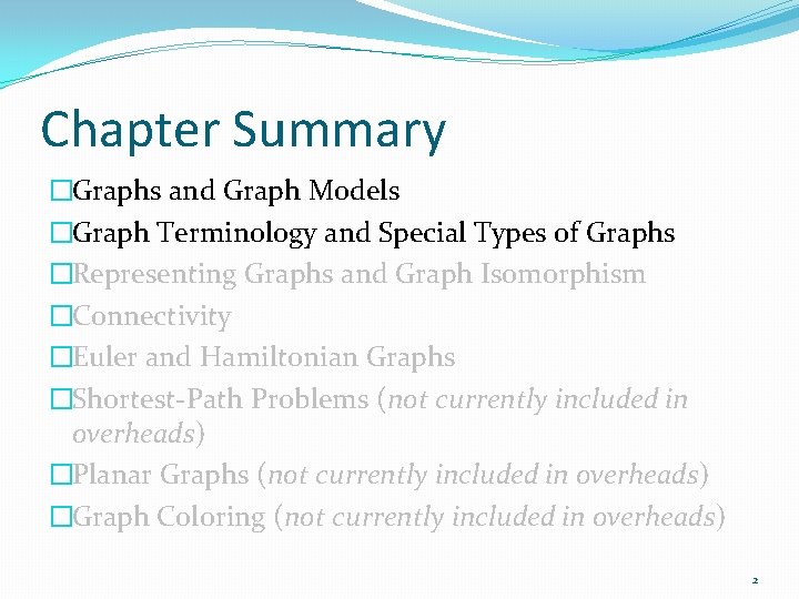 Chapter Summary �Graphs and Graph Models �Graph Terminology and Special Types of Graphs �Representing