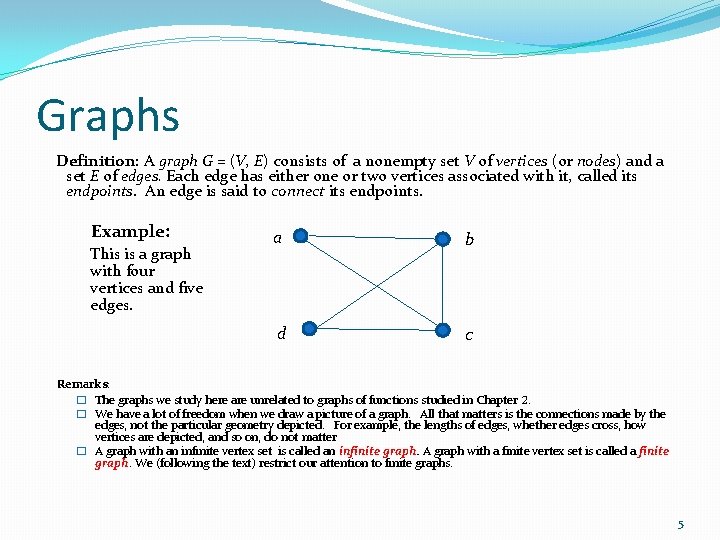 Graphs Definition: A graph G = (V, E) consists of a nonempty set V