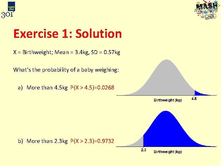 Exercise 1: Solution X = Birthweight; Mean = 3. 4 kg, SD = 0.