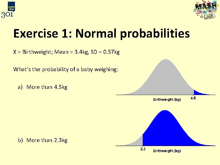 Exercise 1: Normal probabilities X = Birthweight; Mean = 3. 4 kg, SD =