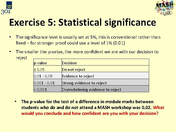 Exercise 5: Statistical significance • The significance level is usually set at 5%, this