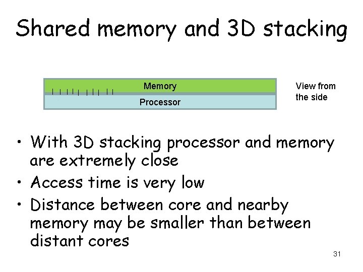 Shared memory and 3 D stacking Memory Processor View from the side • With