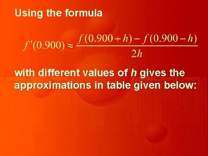 Using the formula with different values of h gives the approximations in table given