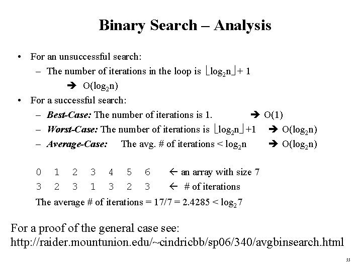 Binary Search – Analysis • For an unsuccessful search: – The number of iterations