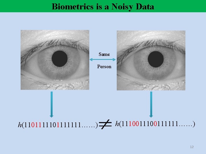 Biometrics is a Noisy Data Same Person h(1101111111……) h(11100111111……) 12 