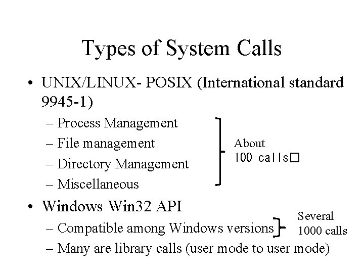 Types of System Calls • UNIX/LINUX- POSIX (International standard 9945 -1) – Process Management