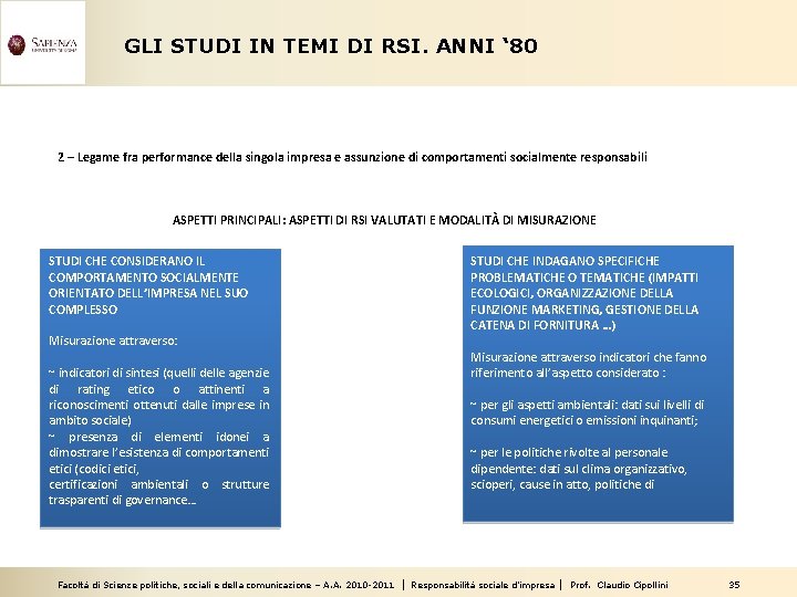 GLI STUDI IN TEMI DI RSI. ANNI ‘ 80 2 – Legame fra performance