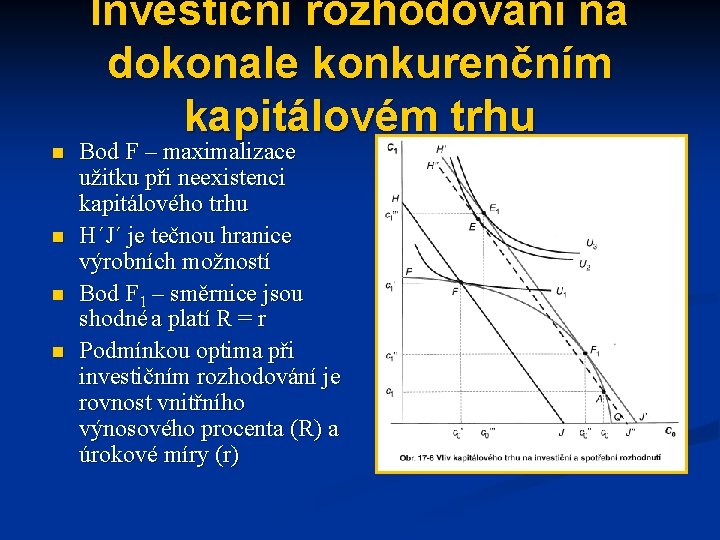 Investiční rozhodování na dokonale konkurenčním kapitálovém trhu n n Bod F – maximalizace užitku