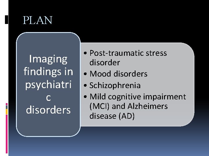 PLAN Imaging findings in psychiatri c disorders • Post-traumatic stress disorder • Mood disorders
