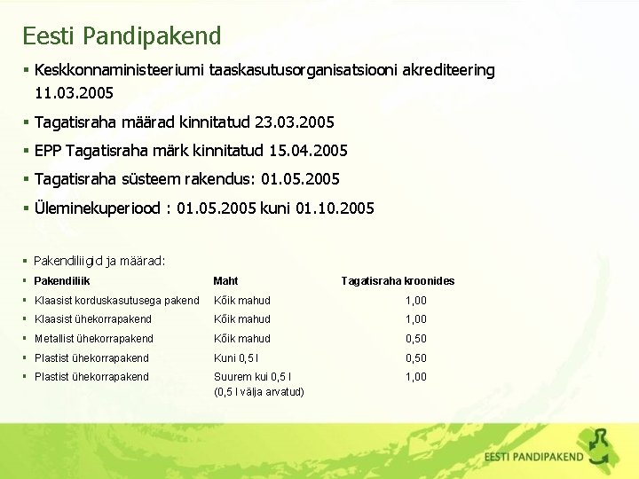 Eesti Pandipakend § Keskkonnaministeeriumi taaskasutusorganisatsiooni akrediteering 11. 03. 2005 § Tagatisraha määrad kinnitatud 23.
