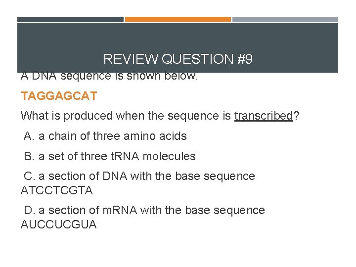 REVIEW QUESTION #9 A DNA sequence is shown below. TAGGAGCAT What is produced when