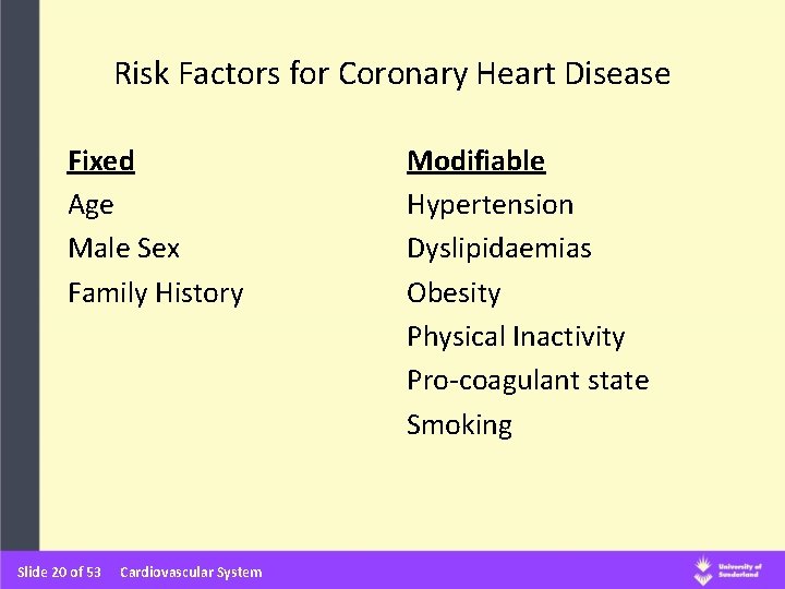 Risk Factors for Coronary Heart Disease Fixed Age Male Sex Family History Slide 20