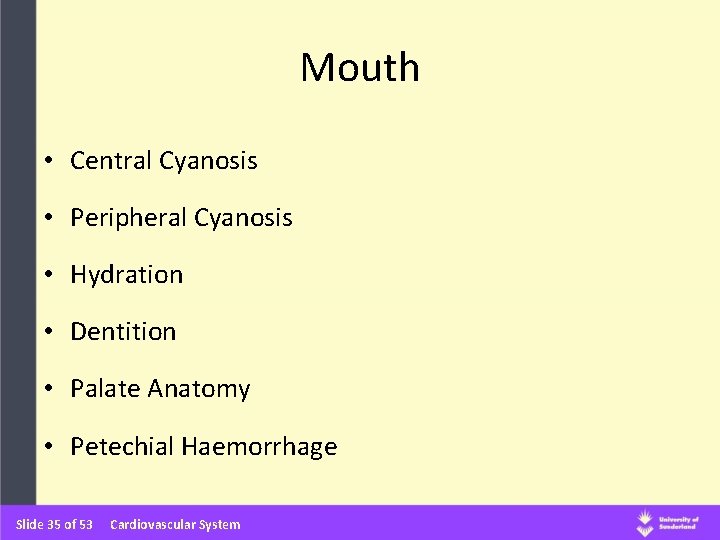 Mouth • Central Cyanosis • Peripheral Cyanosis • Hydration • Dentition • Palate Anatomy