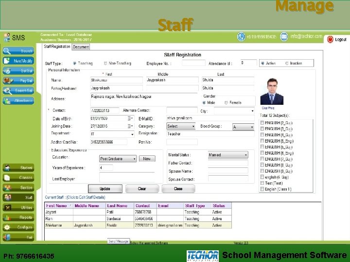 Staff Ph: 9766616435 Manage School Management Software 