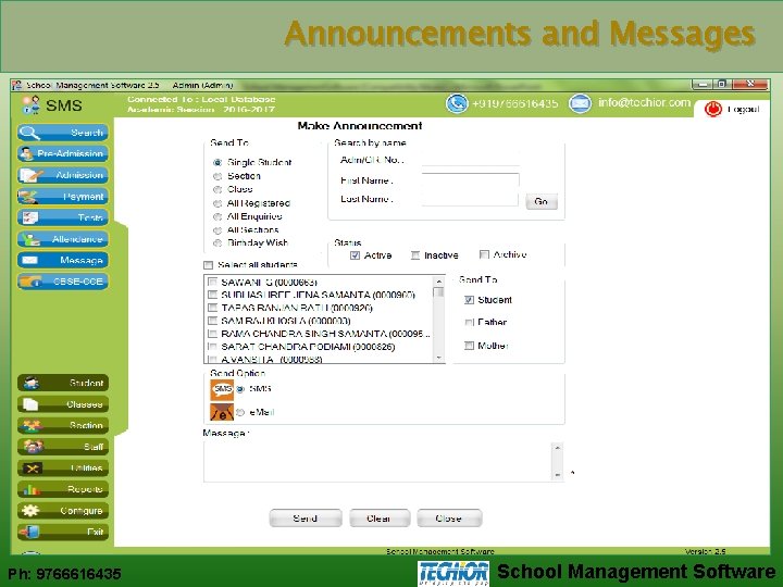 Announcements and Messages Ph: 9766616435 School Management Software 