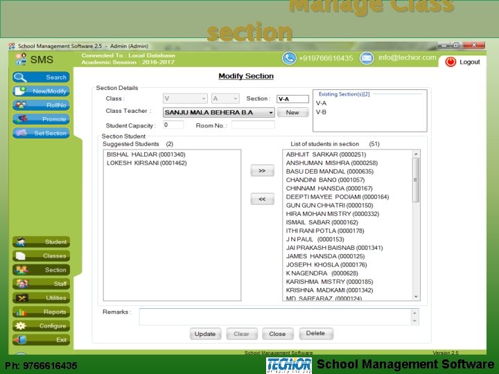 Manage Class section Ph: 9766616435 School Management Software 