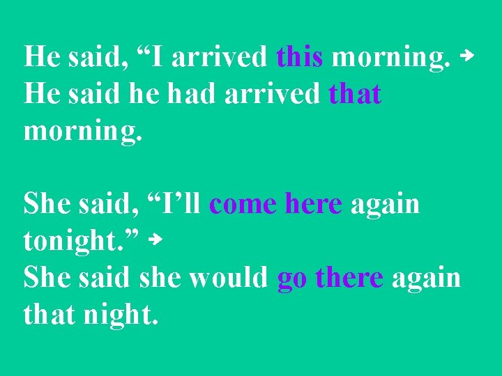 He said, “I arrived this morning. ￫ He said he had arrived that morning.