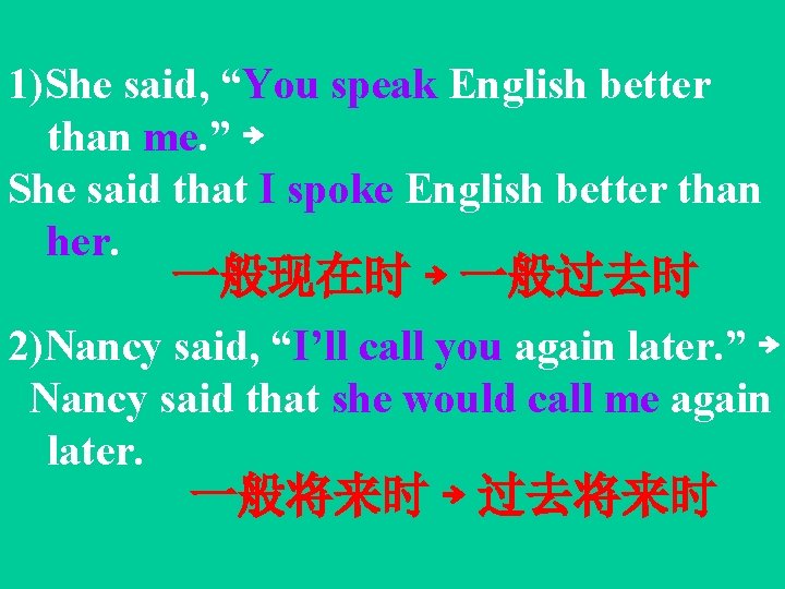 1)She said, “You speak English better than me. ” ￫ She said that I