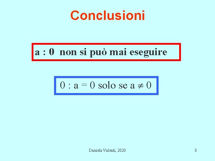 Conclusioni a : 0 non si può mai eseguire 0 : a = 0 Conclusioni a : 0 non si può mai eseguire 0 : a = 0