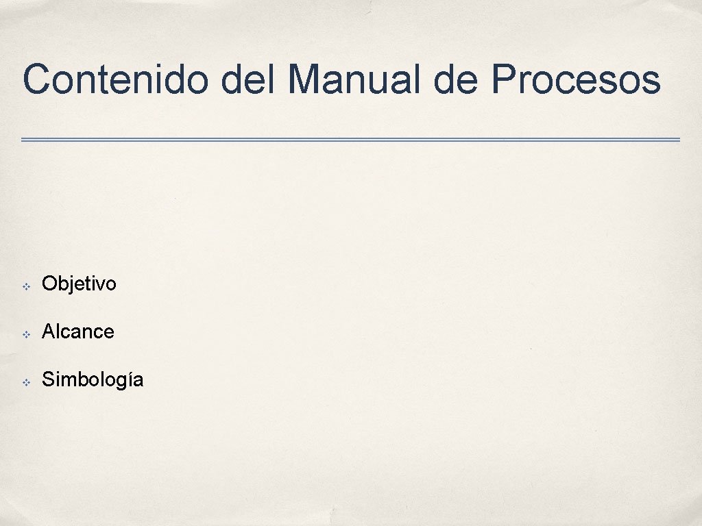 Contenido del Manual de Procesos v Objetivo v Alcance v Simbología 
