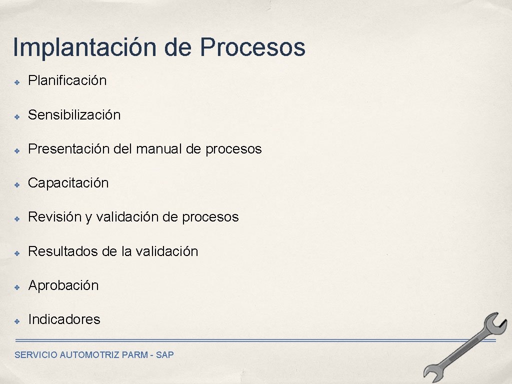 Implantación de Procesos ✤ Planificación ✤ Sensibilización ✤ Presentación del manual de procesos ✤