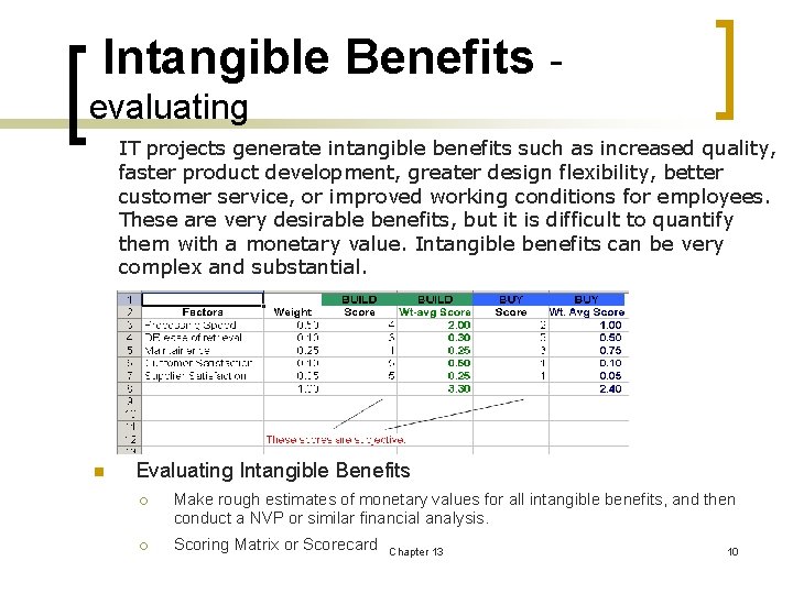  Intangible Benefits evaluating IT projects generate intangible benefits such as increased quality, faster