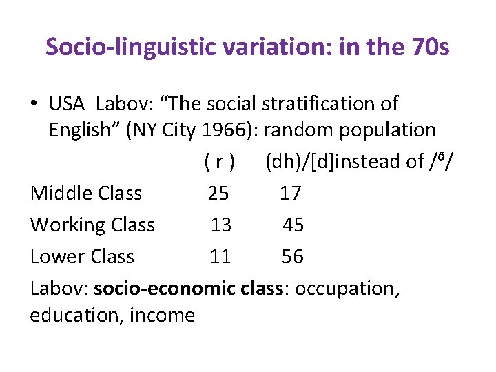 Socio-linguistic variation: in the 70 s • USA Labov: “The social stratification of English”