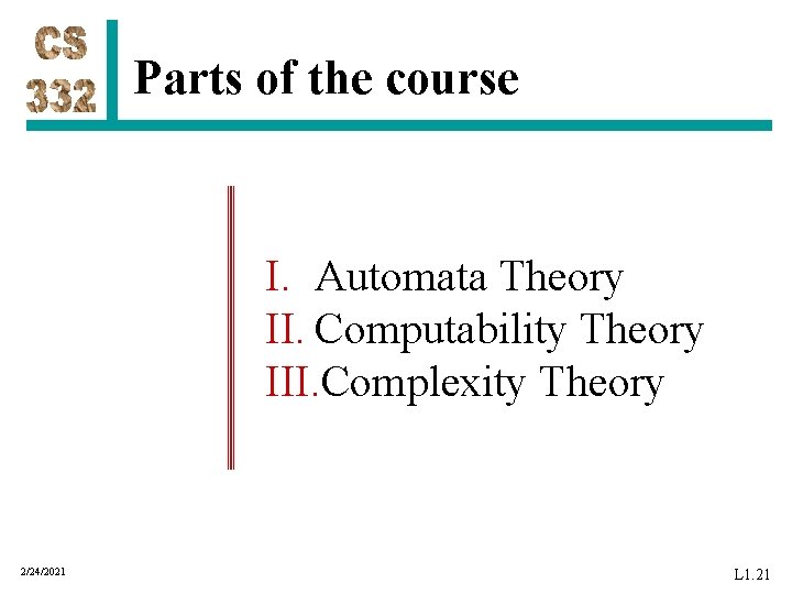 Parts of the course I. Automata Theory II. Computability Theory III. Complexity Theory 2/24/2021