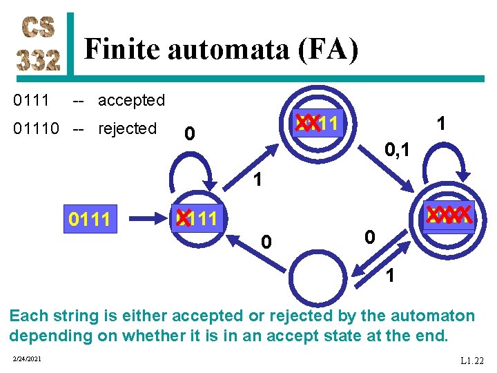 Finite automata (FA) 0111 -- accepted 01110 -- rejected 1 0111 0 0, 1